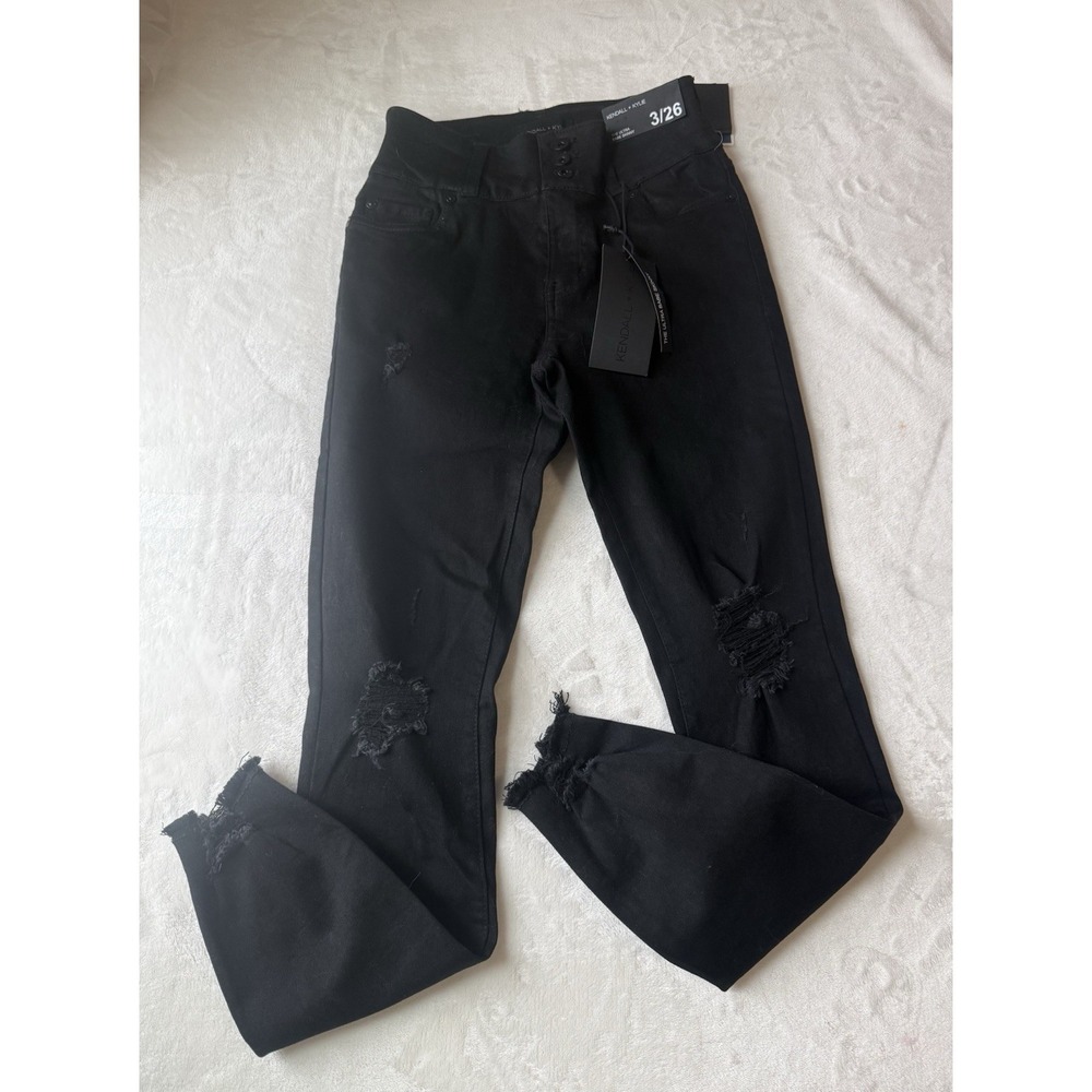 NWT Kendall + Kylie Skinny Jeans Black Denim‎ Distressed Button Women's Trendy
